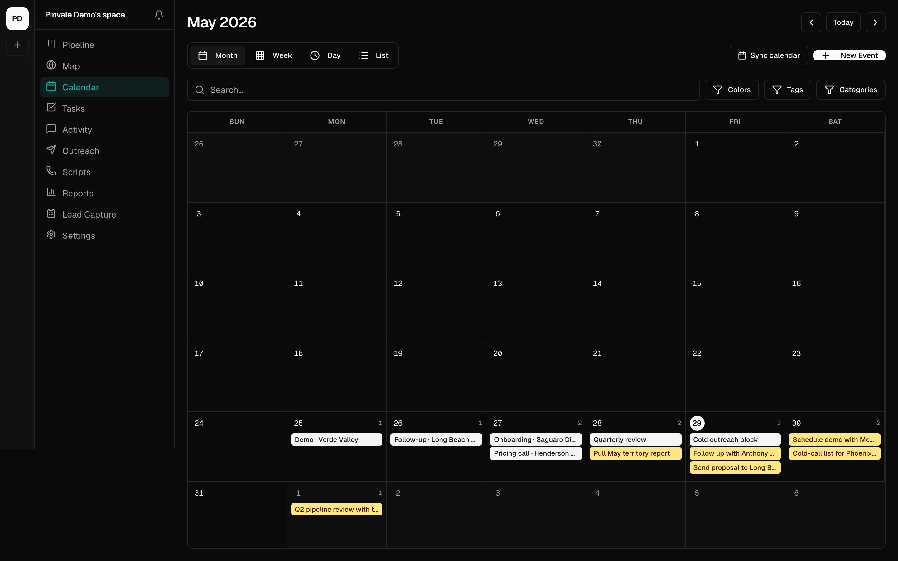 Pinvale calendar with scheduled events