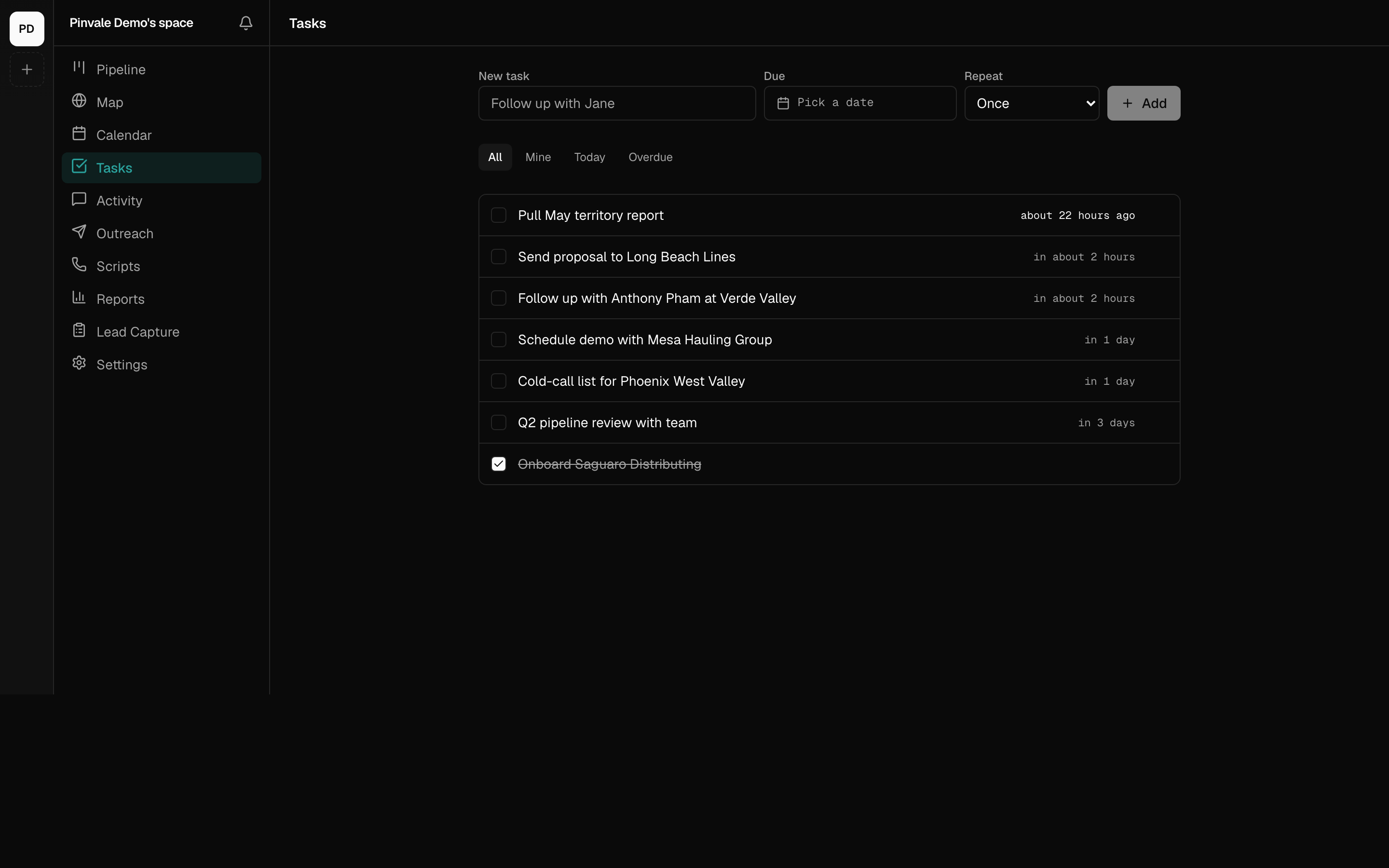 Pinvale task list with due dates and filters